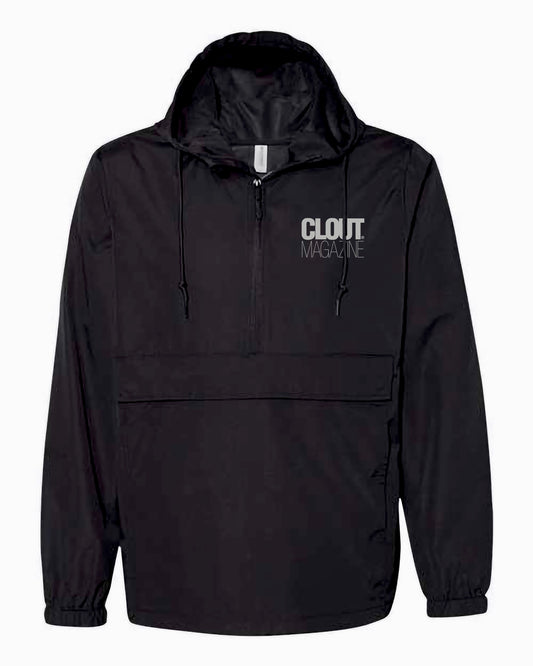 CLOUT Magazine WATERPROOF Nylon Anorak 1/4 Zip Jacket w/ Front Pocket - Black w/ Gray Print