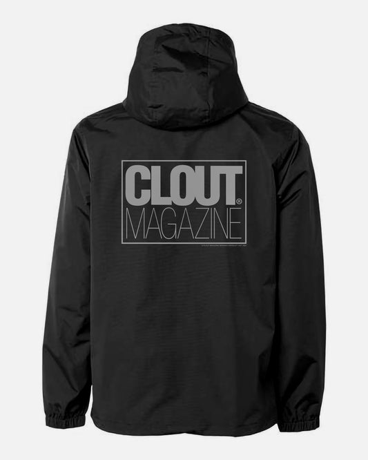 CLOUT Magazine WATERPROOF Nylon Anorak 1/4 Zip Jacket w/ Front Pocket - Black w/ Gray Print