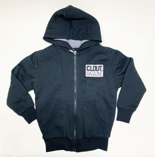 CLOUT Magazine Kids/Youth Hooded SHERPA Sweatshirt - Black w/ Patch & Whitewashed Print