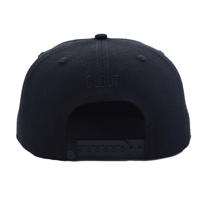 The CLOUT Header Logo SNAPBACK (New Era Fit) in BLACK on BLACK, by CLOUT Magazine