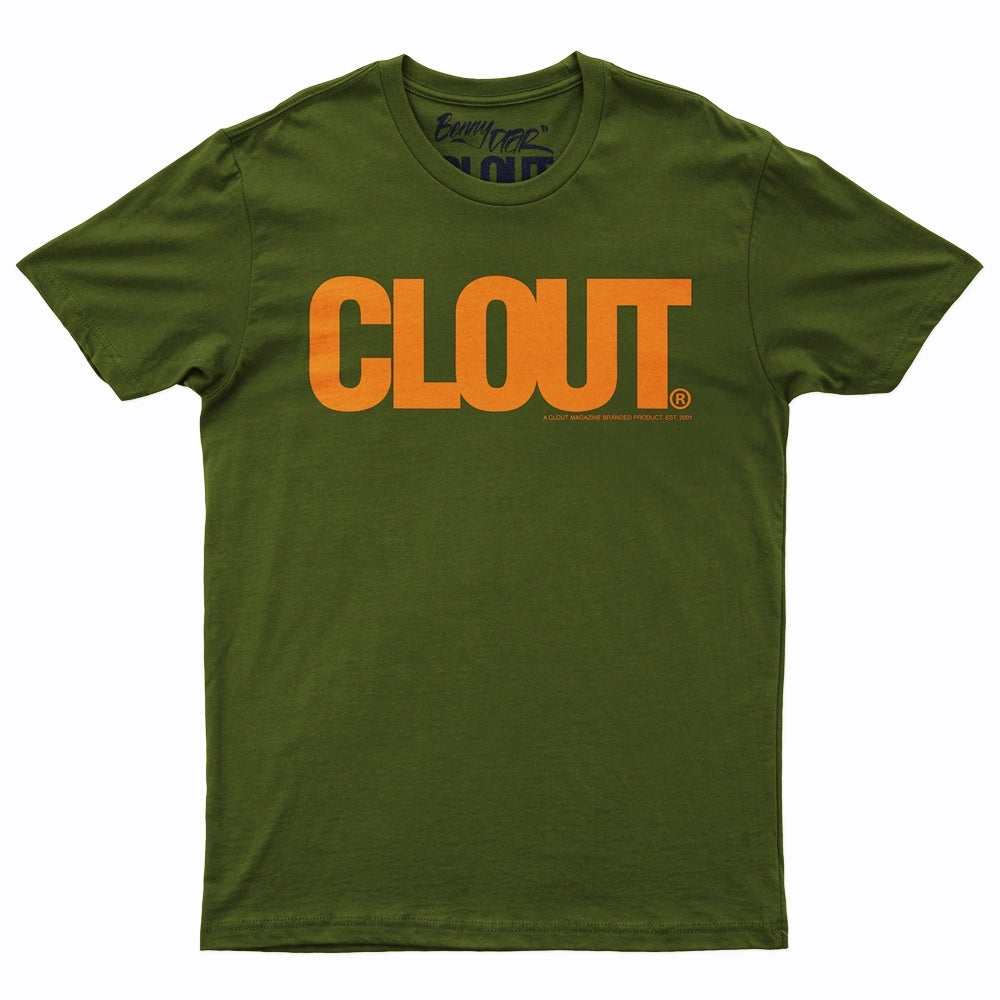 CLOUT 'DON'T SHOOT' Header Logo T-Shirt - Military Green Tee w/ Camo Orange Print