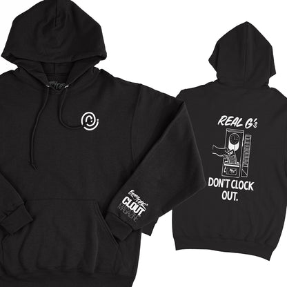 'REAL G's DON'T CLOCK OUT' Hoodie - Black w/ White Print – CLOUT Magazine