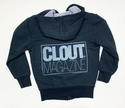 CLOUT Magazine Kids/Youth Hooded SHERPA Sweatshirt - Black w/ Patch & Whitewashed Print