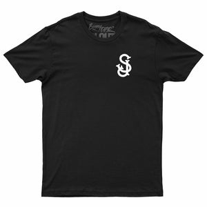 'SJ' front w/ CLOUT Magazine back T-Shirt - Black with White Print